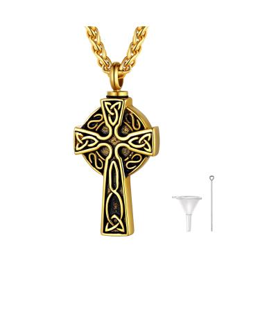 U7 women Cremation urn necklace for ash cycle of life/Celtic knot/dog feet/wings/crucifix/cylinder urn chain stainless steel pendant chain fire burial jewelry for men's Celtic knot-gold