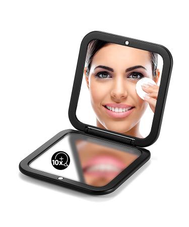 OMIRO Folding Compact Mirror, 1X/10X Magnification 3 Pocket Size Square Hand Mirror for Travel Makeup (Black) Black 10X