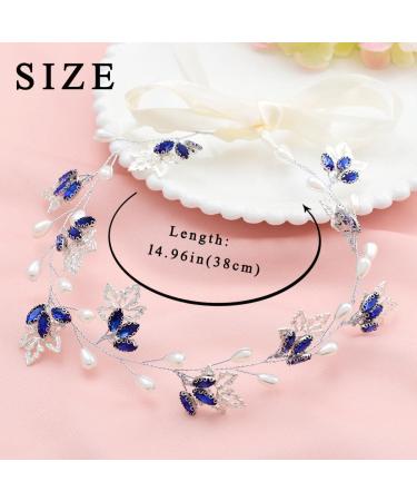 IYOU Bridal Wedding Hair Vine Blue Rhinestone Headband Leaf Pearl Prom Headpiece Accessories for Bride Bridesmaid - Buy Online on SooperMarket.com