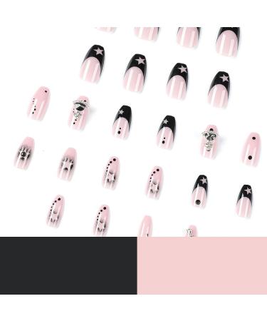 MISUD Coffin Press on Nails - Medium Ballerina Fake Nails with Black French Tip & 3D Rhinestone Star - 24 pcs - Buy Online on SooperMarket.com