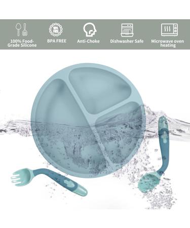 Lanjue 3 Pcs Silicone Baby Suction Plates | Non Slip Divided Dishes with Utensils for Toddler Self Feeding | Ideal for Highchairs Trays | Green Blue Beige - Buy Online on SooperMarket.com