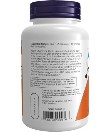 Now Foods Acetyl-L-Carnitine 500mg 100 Vegan Capsules | Lab-Tested Amino Acid | Gluten & SOYA Free | Vegetarian-Friendly - Buy Online on SooperMarket.com