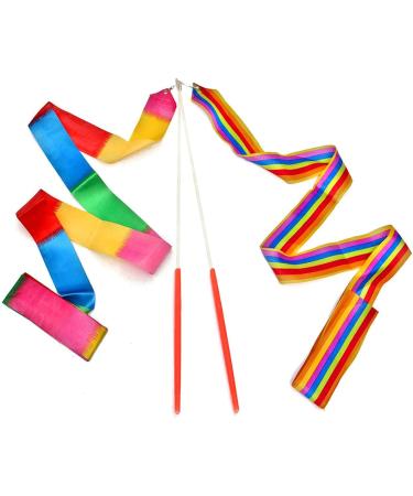 Dance Ribbons Rainbow Streamers Rhythmic Gymnastics Ribbon Baton Twirling Wands on Sticks 2pc for Kids Artistic Dancing