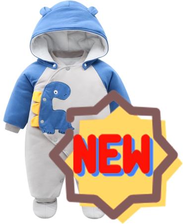 Baby Snowsuit Winter Romper | Cotton Jumpsuit with Detachable Hood | Cartoon Dinosaur Design | 6-9 Months Blue - Buy Online on SooperMarket.com