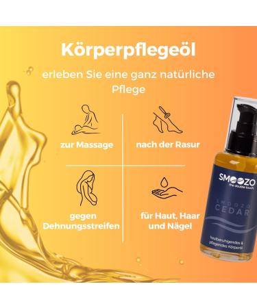 Smoozo Body Care Oil 100ml - Vegan Massage Oil for Dry Skin | Natural Skin Tightening & After Shaving Care - Pure Cedar Essence - Buy Online on SooperMarket.com