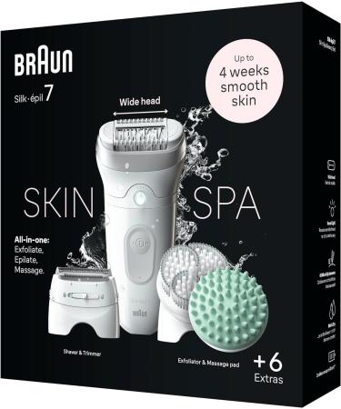 Braun Silk- pil 7 SkinSpa All-in-One Set | Best Epilator & Hair Remover for Women | Long-Lasting Hair Removal & Massage Attachment - White/Silver - Buy Online on SooperMarket.com
