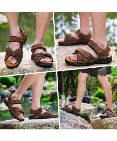 Ziitop Men's Leather Sandals - Slip-Resistant Outdoor Beach & Trekking Shoes - Adjustable Velcro - Size 46 EU - Dark Brown - Buy Online on SooperMarket.com