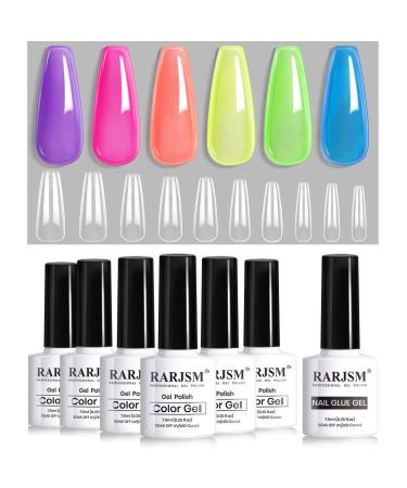 RARJSM Jelly Gel Nail Polish Set Translucent Neon Nail Polish 6 Color Pink Green Blue Purple Yellow Orange Gel Nail Art 10 Sizes Long Fake Nails in Gift Package Jelly Nude