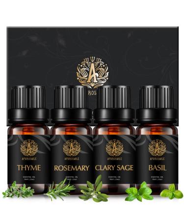 Aromatherapy Clary Sage Essential Oil Set for Diffuser 100% Pure Thyme Essential Oils Kit for Humidifier 4X10ml Therapeutic Grade Fresh Grassy Essential Oils Set-Clary Sage Thyme Rosemary Basil Oil
