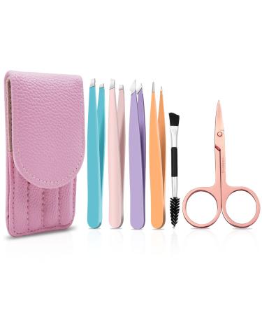 Tweezers Set-6 Pieces Professional Stainless Steel Tweezers with Leather Case Pink