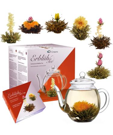Creano Blooming Tea Gift Set Flowering Tea Giftset with 500 ml Glass Tea Pot and 6 Tea Flowers - Black & White Tea