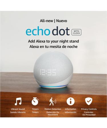 All-New Echo Dot (5th Gen, 2022 release) with clock | International Version with EU Power Adaptor | Smart speaker with clock and Alexa | Glacier White
