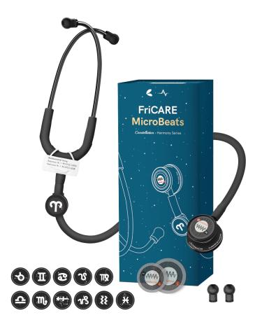 FriCARE Black Stethoscope - Lightweight Stethoscopes for Nurses CNM/EMT/CAN/Veterinary - Dual Head Estetoscopio with Tunable Diaphragm & Comfy Eartips MicroBeats Harmony with 12 Zodiac Tags 31.5'' Midnight Black