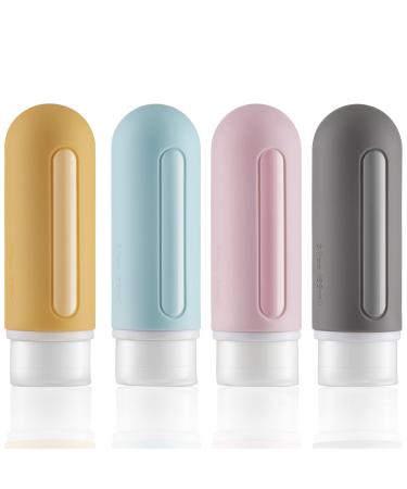 Lisapack Travel Bottles 3oz, Silicone Squeeze Toiletry Container Leak Proof, Travel Size for Shampoo (4 Pack, Pink, Yellow, Blue, Grey) 4PCS