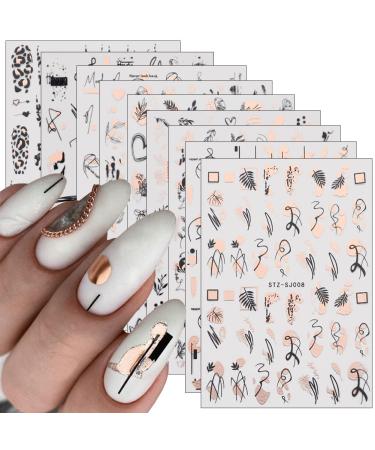 9 Sheets Rose Gold Nail Art Stickers Decal Retro Rose Gold Nail Foil Decals Nail Supplies 3D Self-Adhesive Graffiti Fun Abstract Leopard Print Botanical Line Nail Design Luxury for Nail Art Decoration Design B