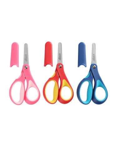 LIVINGO 5" Small School Student Blunt Kids Craft Scissors, Sharp Stainless Steel Blades Safety Comfort Grip for Children Cutting Paper, Assorted Color, 3 Pack Pink/Red/Blue