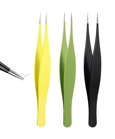 3 Pieces Pointed Tweezers Ingrown Hair Tweezers Precision Needle Nose Pointed Tweezers Stainless Steel Blackhead Remover for Eyebrow Hair, Facial Hair Removal (Black, Yellow, Green) Yellow,Green