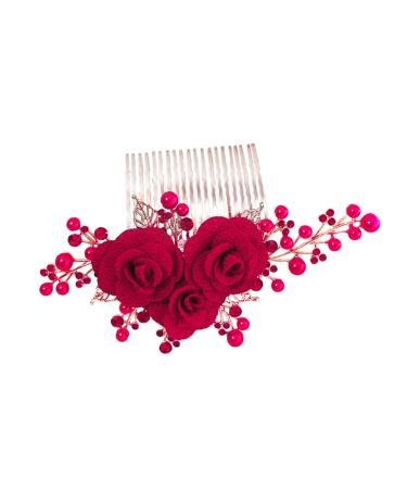 Mikinona Rose Hair Comb Bridal Hair Side Comb Wedding Hair Side Comb Bride Hair Side Comb Wedding Hair Comb Bridesmaid Hair Comb Hair Jewelry Comb Hair Decoration Hair Fork Red Zinc Alloy