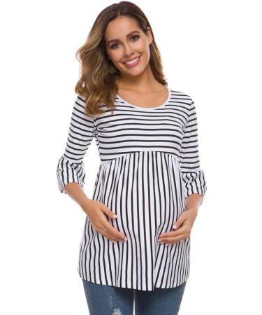 Love2Mi Maternity Blouse - A Line Pregnancy Shirt - 3/4 Bell-Sleeve - White Black Stripe - Buy Online on SooperMarket.com