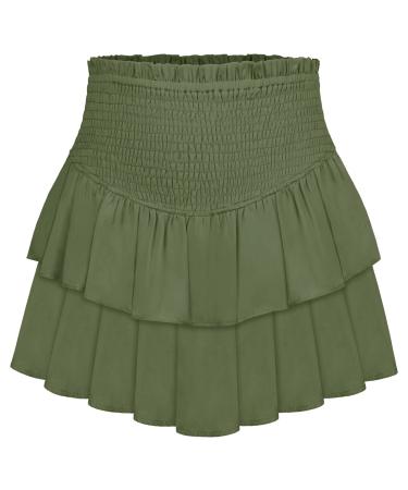 LAEMILIA Womens Elastic Waist Flared Short Skirt Floral Print Pleated Mini Skater Skirt with Drawstring S 02-green