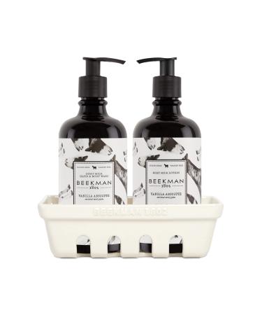 Beekman 1802 Hand Care Ceramic Caddy Set - 12.5 oz Each - Goat Milk-Based Hand Wash & Lotion for Dry Hands - Cruelty Free Vanilla Absolute