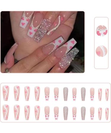 Luvadeyo 24pcs Coffin Long Press on Nails - Shiny Full Cover Pink Heart Acrylic Fake Nails for Women & Girls - Buy Online on SooperMarket.com
