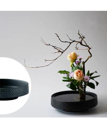 Round Flower Frog & Ceramic Flower Pot Set - Hammer-Pattern Black Ikebana Arrangement for Floral Art - Buy Online on SooperMarket.com