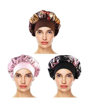 Yinuoday 3Pcs Satin Sleeping Cap Women Hair Cap Night Sleeping Head Cover Soft Sleep Cap Coffee/Black/Pink