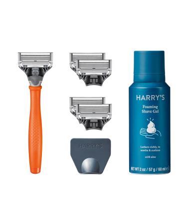 Harry's Razors for Men - Men's Razor Set with Bright Orange Handle 5 Razor Blade Refills Travel Blade Cover 60ml Shave Gel Bright Orange 5