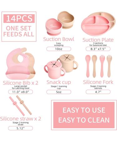 Shop Mumez 14-Part Children's Suction Plate Set - BPA-Free Silicone Baby Plates Bowls Cups & Bibs - Pink & Peach - International Shipping Available - Buy Online on SooperMarket.com
