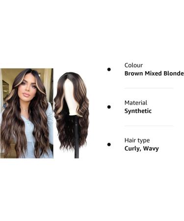 Long Brown Wavy Wig 24 Inch Highlight Wigs for Women Middle Part Curly Synthetic Hair Natural Looking Heat Resistant Fiber for Daily Party Use (Brown Mixed Blonde) - Buy Online on SooperMarket.com