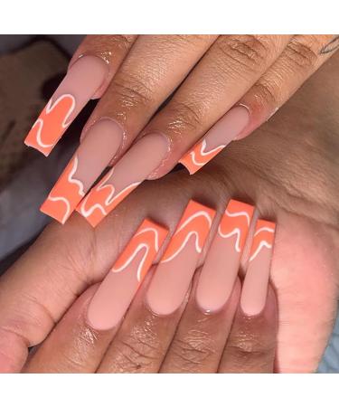 Brishow Artificial Nails Long False Nails Wave Press on Nails 24pcs for Women and Girls (Orange)