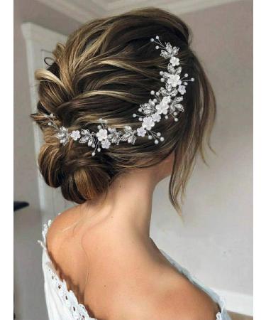 GORAIS Flower Bride Wedding Headband Silver Crystal Bridal Hair Accessories Pearl Leaf Hair Piece Hair Vine for Women and Girls (A-Silver)