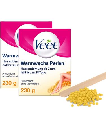 Veet warm wax pearls with beeswax for electrical wax devices or in a water bath - simple dosage - for up to 28 days of smooth skin - 2 x 230 g with wooden spatula