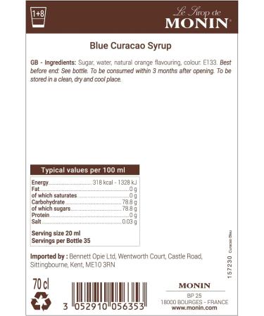 MONIN Premium Blue Curacao Syrup 700ml: Vegan-Friendly, Allergen-Free, 100% Natural Flavours for Cocktails and Mocktails - Buy Online on SooperMarket.com