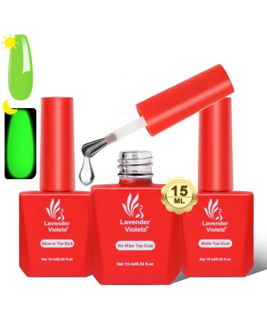 Lavender Violets 15ml x3 Gel Nail Polish Base and Top Coat Set with Glow in the Dark Top Coat Matte & Glossy No Wipe Top Coat Manicure Soak Off UV LED Halloween Night Fairy Party Long Lasting A0/2/3 Glow in the Dark Glossy Top & Matte Top Coat