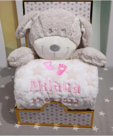 Botobaby Personalized Baby Gift Set - Custom Baby Blanket Plush Toy & Birth Details | Perfect for Baptism & Baby Shower (Beige Dog) - Buy Online on SooperMarket.com