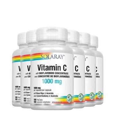 Solaray Vitamin C with Rose Hips Acerola & Bioflavonoids | 1000mg | Supports Immune Function & Healthier Skin Hair Nails | Non-GMO | Vegan | 100 Ct (Pack of 6) Cherry 100 count (Pack of 1)