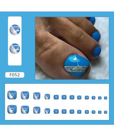 Silver Glitter Short False Toe Nails with Line Design - Cute Square Acrylic Press-on Toenails for Women - Buy Online on SooperMarket.com