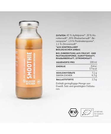 Monastery Kitchen Bio Smoothie Orange Apple Carrot Rhubarb 6x250ml | Superfood Vegan Breakfast | On-the-Go Glass Bottles | Healthy Powerfood - Buy Online on SooperMarket.com