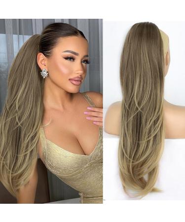 PORSMEER Ponytail Extension Drawstring Ponytail Hair Extensions Ombre Brown 26 Inch Long Natural Straight Wavy End Synthetic Hairpiece for Women Girls Daily Use/Party