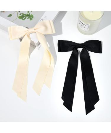 2PCS Silky Satin Hair Bows Hair Clip Black Hair Ribbon Ponytail Holder Accessories Slides Metal Clips Hair Bow for Women Girls Toddlers Teens Kids (Beige+Black) - Buy Online on SooperMarket.com