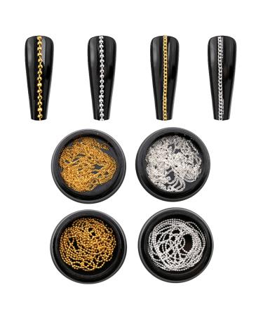 Nail Chain 4 Strips Gold Silver Metal Nail Art Chains 3D Nail Charms Punk Nail Studs Nail Art Decorations for Manicure Design DIY Crafts (Gold+Silver)