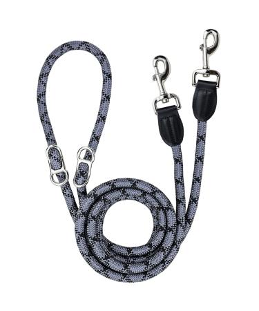 Dog leash 2.6m adjustable rehabilitation leash reflective multifunctional nylon double linen with 2 movable metal ring ideal for walking running and training (black & gray L - 1.2 x 260 cm) L - 1.2 x 260 cm black & gray