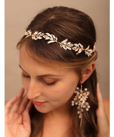 Chargances Crystal Wedding Headpieces for Brides Bridal Headband Leaf Hair Vine Gold Wedding Hair Accessories Rhinestone Hair Pieces for Women