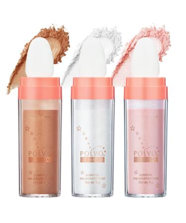 Polvo De Hadas Highlighter Stick Puff Fairy Stick Highlighter Powder Glitter Loose Powder Brush Stick Contouring Powder Fairy Bomb Shimming Body Glitter (01+02+03) 01+02+03 0.32 Ounce (Pack of 1)