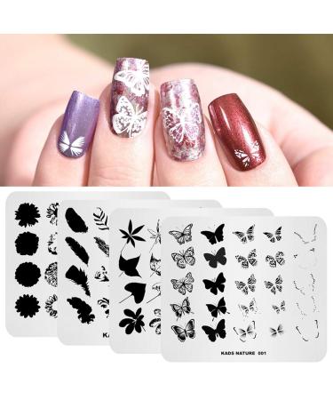 Nail Stamping Plate Set - 4 Piece Feather Flower Leaves & Butterfly Templates | DIY Nail Art Tool & Stamper | International Shipping - Buy Online on SooperMarket.com