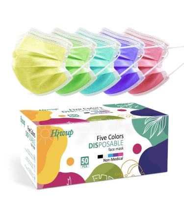 HIWUP Disposable Face Masks Suitable For Adults And Teens Multicolor Face Mask Masks for Women and Men 3 Layer Colored Pack of 50