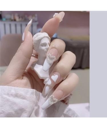 RUNRAYAY White French Tip Press On Nails Long with Pearl Design Heart Fack Nails for Girls Acrylic Nude Nail Press On for Women and Girls 24Pcs