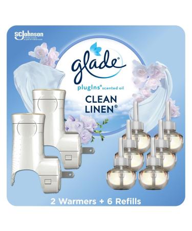 Glade PlugIns Air Freshener Starter Kit Scented and Essential Oils for Home and Bathroom Clean Linen 4.02 Fl Oz 2 Warmers and 6 Refills